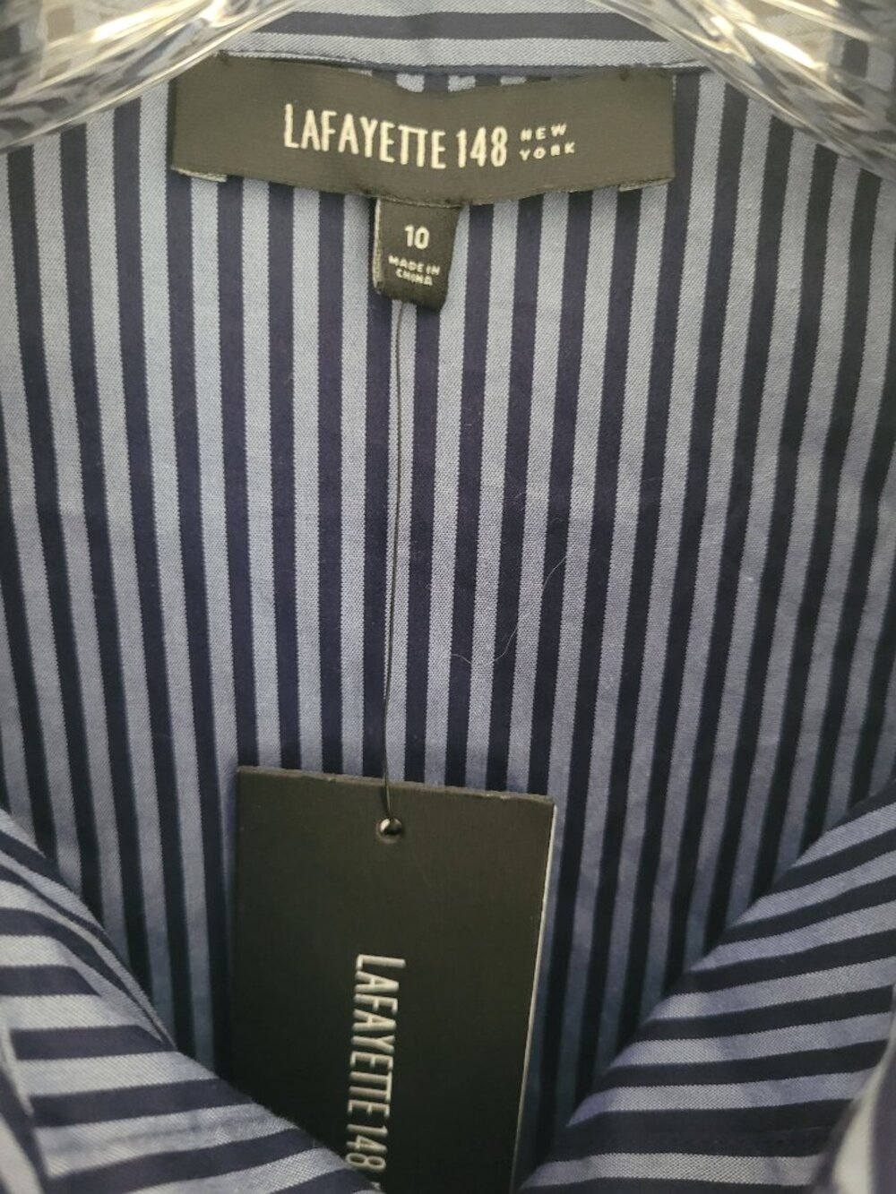 Lafayette 148 New York Striped Button Down Shirt Navy Blue Gray Women's 10 - Picture 5 of 6